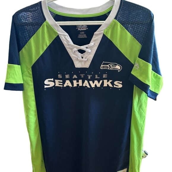 Womens Seattle Seahawks Jersey Shirt Draft Me Laces Bling Sequins Sz LG - Picture 1 of 7